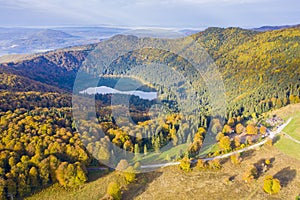 Aerial landscape of autumn mountain lake