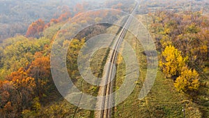 Aerial landscape background with railway road in forest.