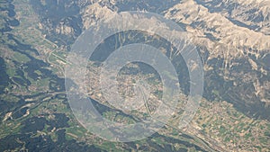 Aerial landscape at the city of Innsbruck Austria from the airplane window