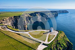 Aerial landscape with the Cliffs of Moher in County Clare, Ireland