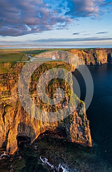 Aerial landscape with the Cliffs of Moher in County Clare, Ireland