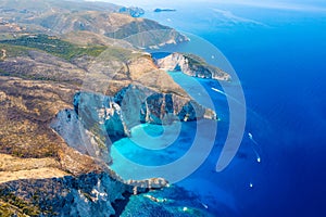 Aerial landscape from a drone. Azure sea water. Top view from a drone. Summer time for sea travel. Zakynthos Island, Greece.