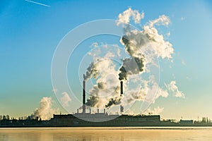 Aerial landscape of factory of chimney smoke