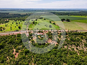 Aerial landscape of farmland in Bom Jardim during summer in Nobres countryside in Mato Grosso