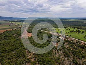 Aerial landscape of farmland in Bom Jardim during summer in Nobres countryside in Mato Grosso