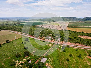 Aerial landscape of farmland in Bom Jardim during summer in Nobres countryside in Mato Grosso