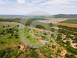 Aerial landscape of farmland in Bom Jardim during summer in Nobres countryside in Mato Grosso