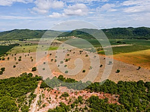 Aerial landscape of farmland in Bom Jardim during summer in Nobres countryside in Mato Grosso