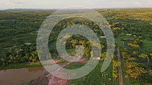 Aerial landscape of farmland in the countryside at sunset in Mato Grosso