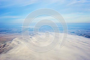 Aerial landscape. Fog above the fields