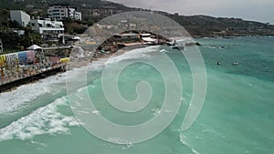 Aerial landscape footage of Batroun coastal city by magic turquoise sea in Lebanon