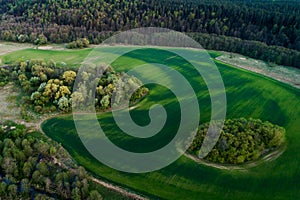 Aerial landscape of green field and forest