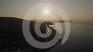 Aerial landscape with green upland and sea at sunset, Greece