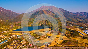 Aerial landscape of hanok village in Jeonju, South Korea.