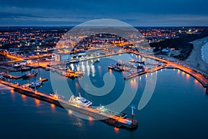 Aerial landscape of harbor in Wladyslawowo by the Baltic Sea at dusk. Poland