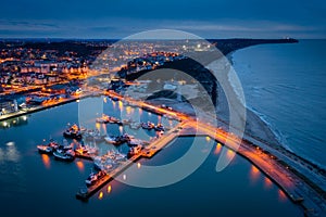 Aerial landscape of harbor in Wladyslawowo by the Baltic Sea at dusk. Poland