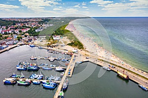 Aerial landscape of harbor in Wladyslawowo by the Baltic Sea at summer. Poland