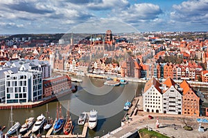 Aerial landscape of the Main Town of Gdansk by the Motlawa river, Poland