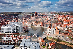 Aerial landscape of the Main Town of Gdansk by the Motlawa river, Poland