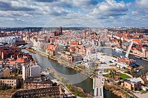 Aerial landscape of the Main Town of Gdansk by the Motlawa river, Poland