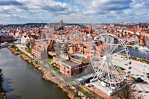 Aerial landscape of the Main Town of Gdansk by the Motlawa river, Poland