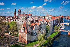 Aerial landscape of the Main Town of Gdansk by the Motlawa river, Poland photo