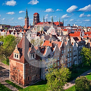 Aerial landscape of the Main Town of Gdansk by the Motlawa river, Poland