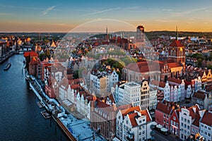 Aerial landscape of the Main Town of Gdansk by the Motlawa river, Poland photo