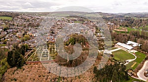 Aerial landscape of the Northumberland town of Alnwick with castle and formal gardens