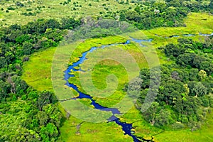 Aerial landscape in Okavango delta, Botswana. Lakes and rivers, view from airplane. Green vegetation in South Africa. Trees with w