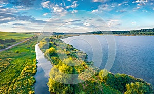 Aerial landscape photography. Beautiful summer scene of Vertelka lake, Ternopil region.