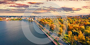 Aerial landscape photography. Colorful autumn cityscape of Ternopil town, Ukraine, Europe