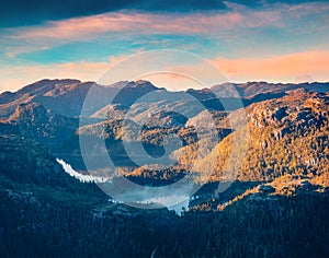 Aerial landscape photography. Fabulous summer sunrise on mountain in Norway.