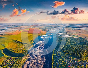 Aerial landscape photography. Splendid summer scene of Ivachiv lake, Ternopil region.