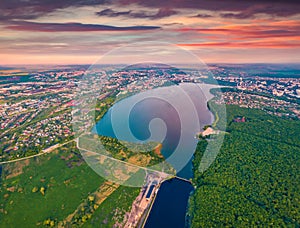 Aerial landscape photography. View from flying drone of Ternopil city, Ukraine, Europe.