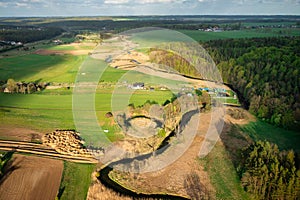 Aerial landscape of Radunia rive meanders and Kashubian forests, Poland