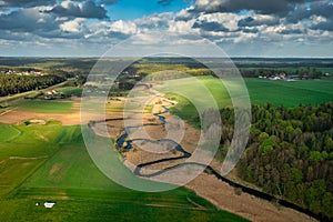 Aerial landscape of Radunia rive meanders and Kashubian forests, Poland