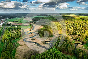 Aerial landscape of Radunia rive meanders and Kashubian forests, Poland