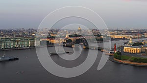 Aerial landscape of a replica of the ancient frigate Poltava and modern cruisers before the holiday of the Russian Navy