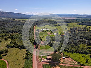 Aerial landscape of road in Bom Jardim during summer in Nobres countryside in Mato Grosso