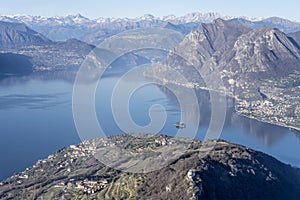 Aerial landscape of Sebino lake looking north from above Montisola ,  Orobie, Italy photo