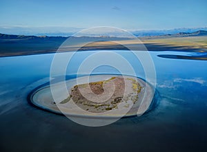 Aerial Landscape of small island in Mountain Lake