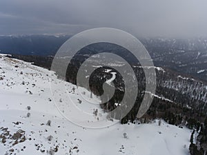 Aerial landscape of the snowy forest in the mountains.