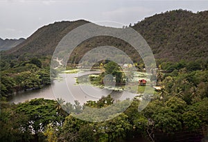 Aerial landscape of swamp lake in the middle of dense green forest the valley