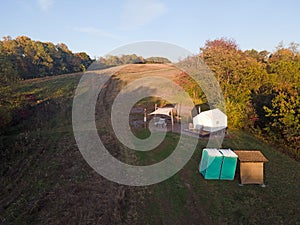 Aerial landscape of tent on camp grounds in the Appalachian mountains in rural Central Pennsylvania