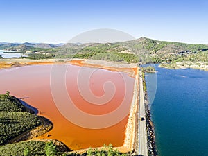 Aerial landscape of unusual, colorful lakes in Minas de Riotinto, Andalusia, Spain