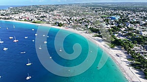 Aerial landscape video view of shoreline and bay area along Carlisle Bay