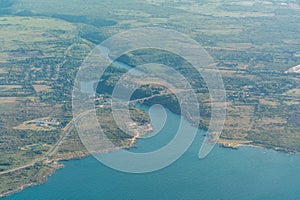 Aerial landscape view of the area around the estuary of river Rio Canimar in Matanzas, Cuba