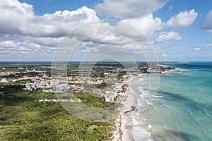 Aerial landscape view of the area around Playa Paraiso, Cancun on Yucatan Peninsula in Mexico with white sand beaches,