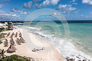 Aerial landscape view of the area around Playa Paraiso, Cancun on Yucatan Peninsula in Mexico with white sand beaches,